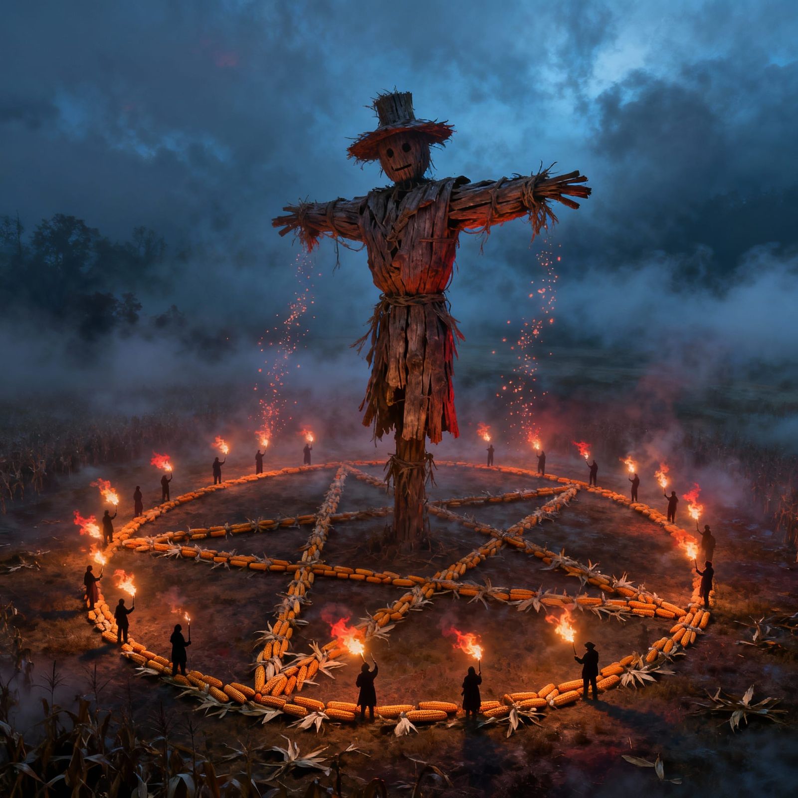 Ethereal Mist Landscape With Giant Scarecrow Effigy