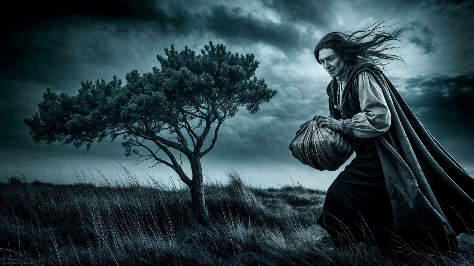 Mysterious Juniper Tree in a Dark, Foreboding Landscape