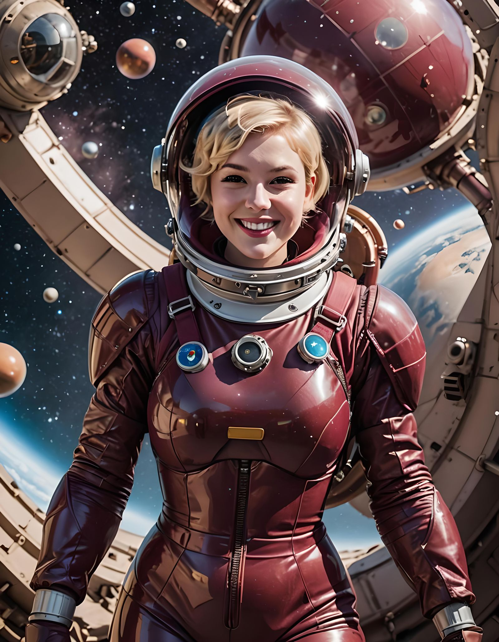 Astronaut in Burgundy Spacesuit Floating in Orbit