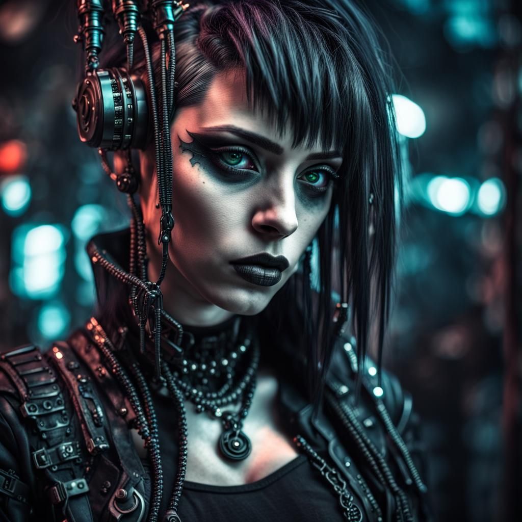 Gothic Cyberpunk Woman in Hyperrealistic Style