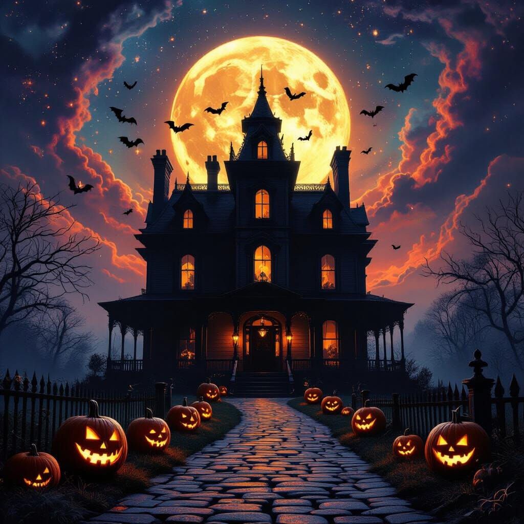 Haunted Victorian Mansion Under Cosmic Halloween Sky