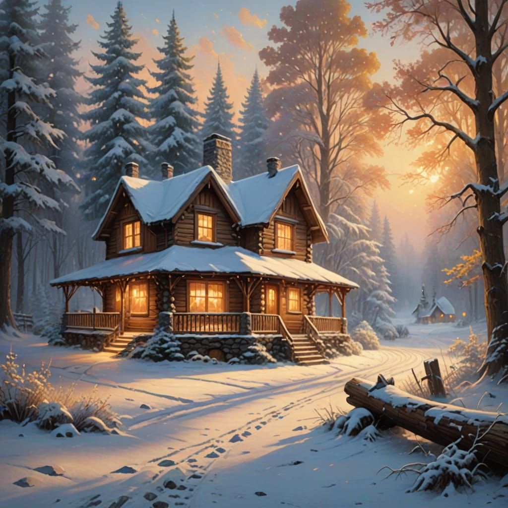 Cozy Log Cabin Scene with Winter Wonderland View