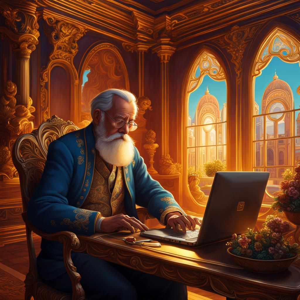 Hyperrealistic Old Man at Computer in Art Nouveau Setting