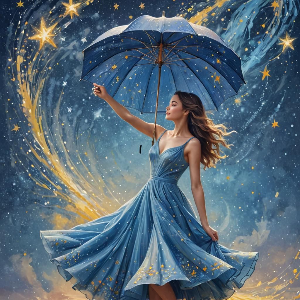 Lady Dancing with Umbrella in Whimsical Starry Scene