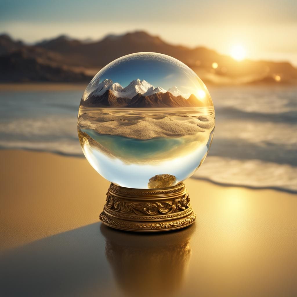 Crystal Ball Reflecting World Above Golden Ocean