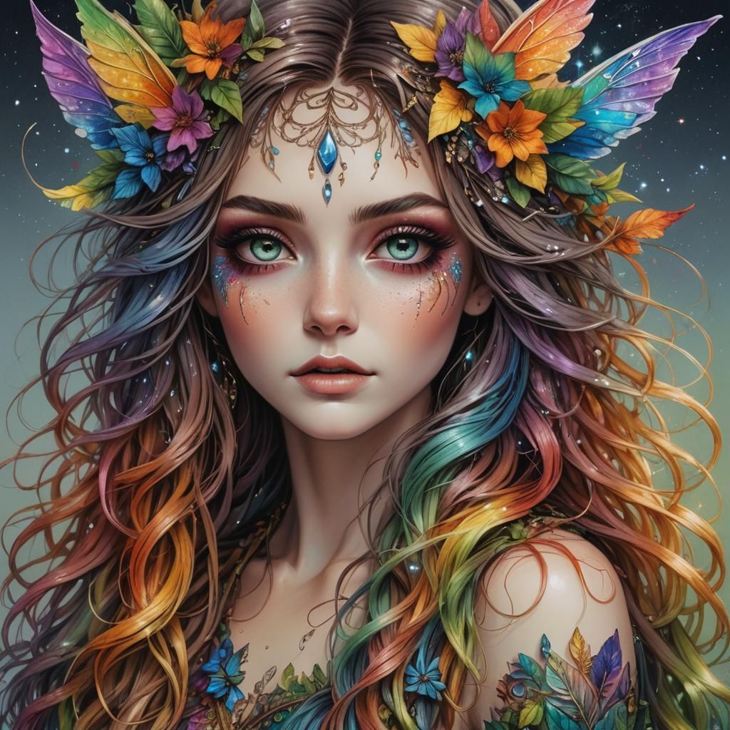Beautiful Fae Female with Rainbow Hair