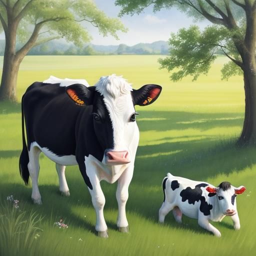 Happy Cow in Meadow: Vibrant Watercolor Painting