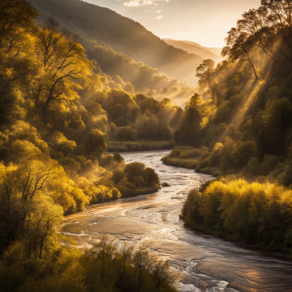 Sunlit River Valley Landscape Photography