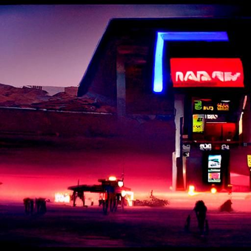 Cyberpunk Gas Station on Mars with Neon Lights