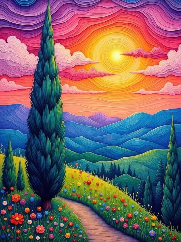 Vibrant Cypress Tree in Dreamlike Landscape
