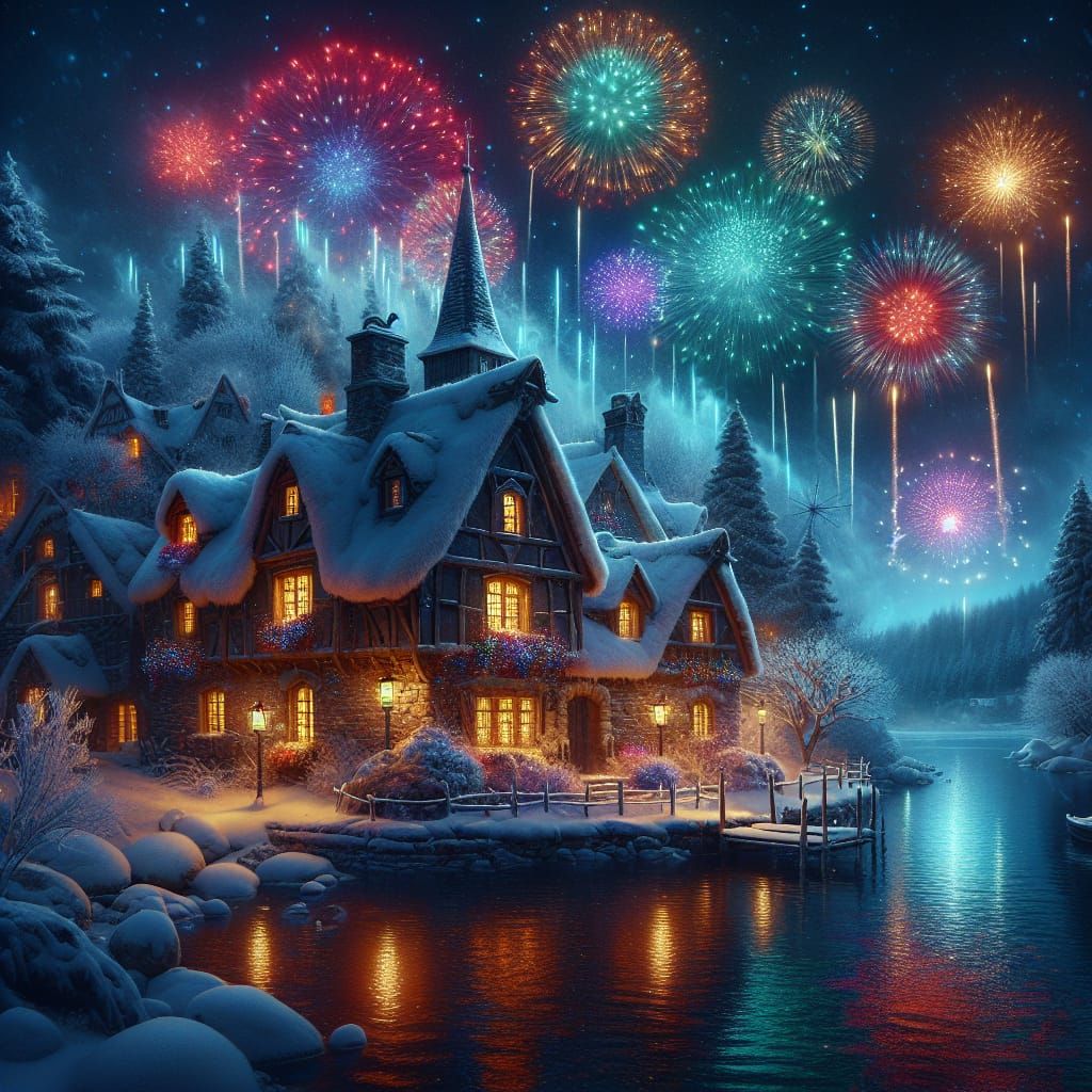 Starry Night Scene with Cobblestone House and Fireworks