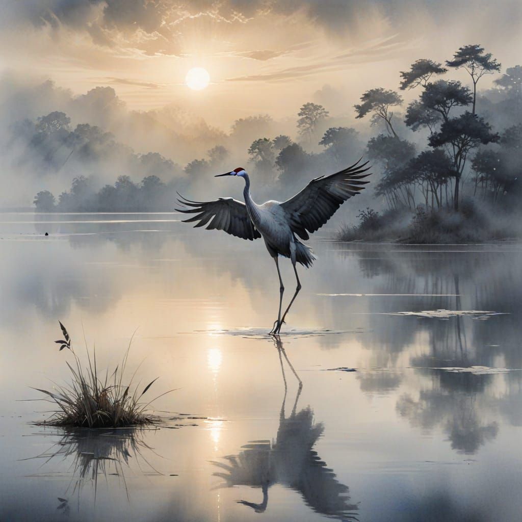 Crane on Lake in Indian Ink Rendering