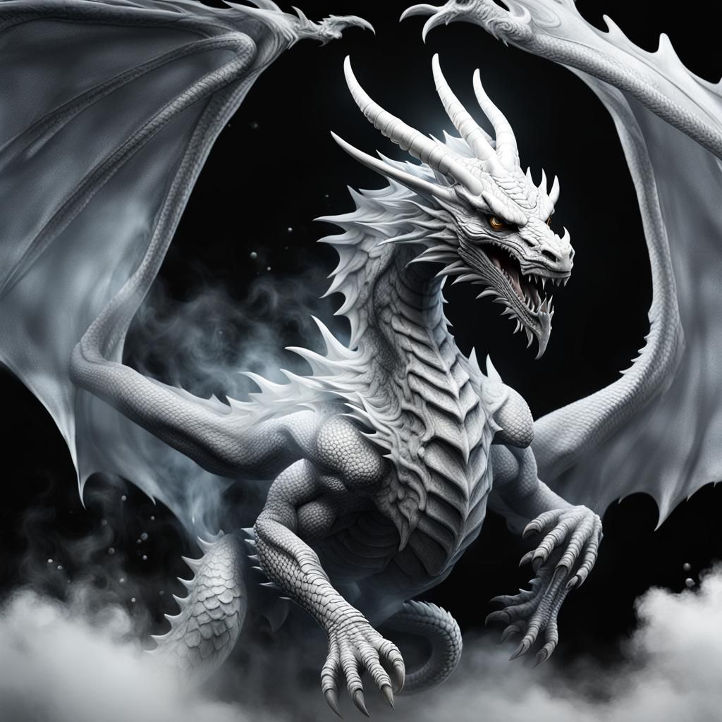 White Dragon with Smoke, Detailed Matte Painting