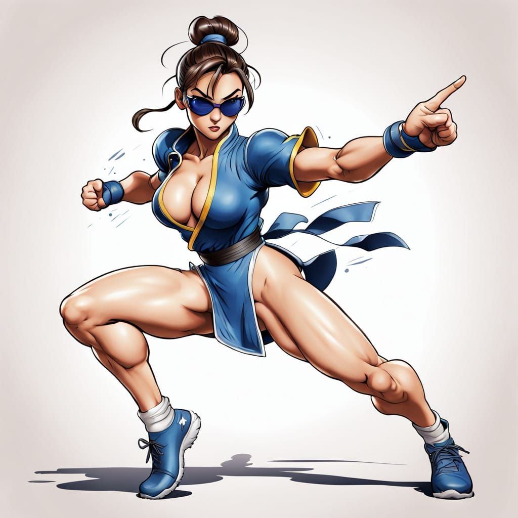 Cartoon Chun-Li in Action Pose with Sunglasses
