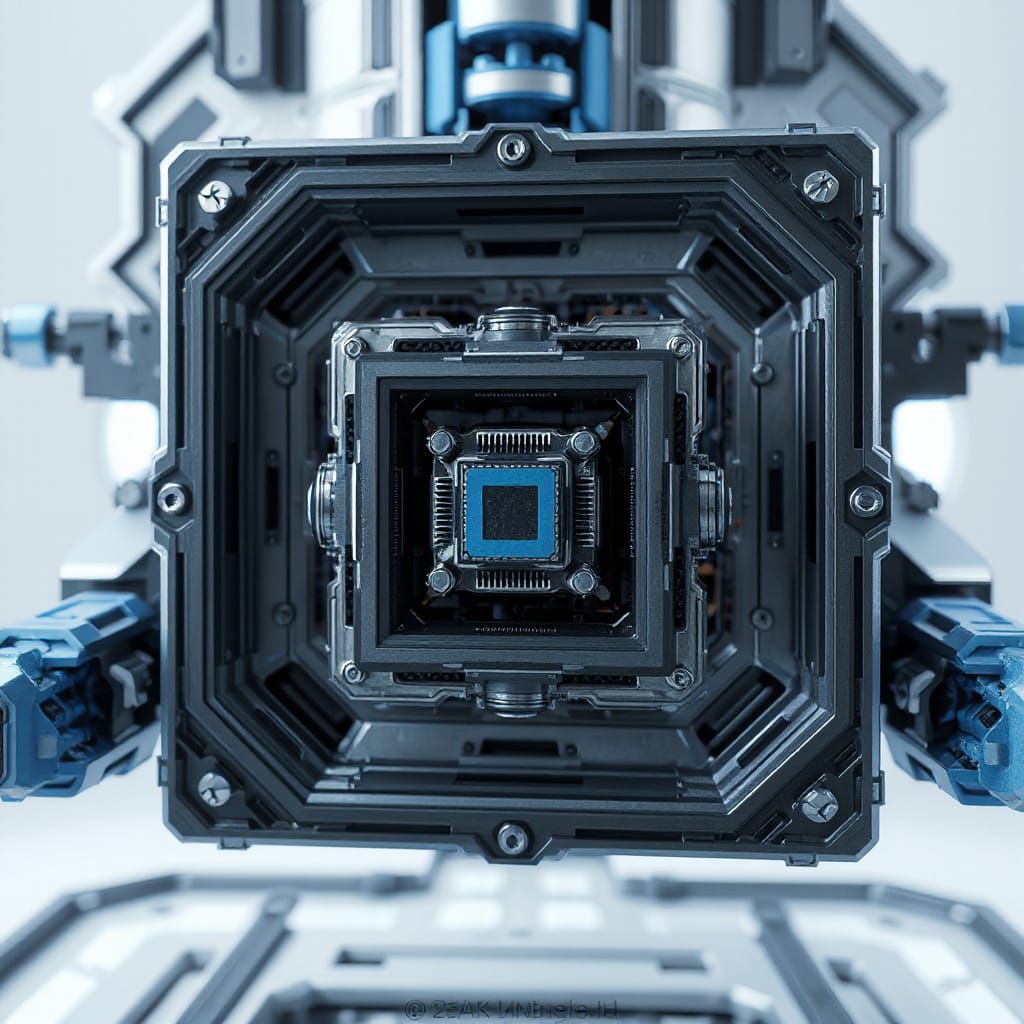 Futuristic Device with Intricate Squares in Polished Metal