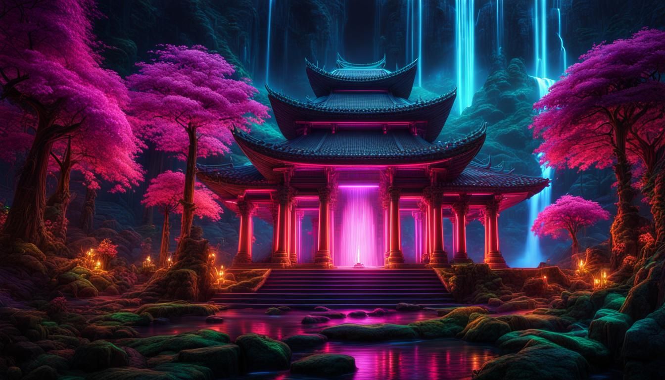 Futuristic Temple in Neon Lit Magical Forest