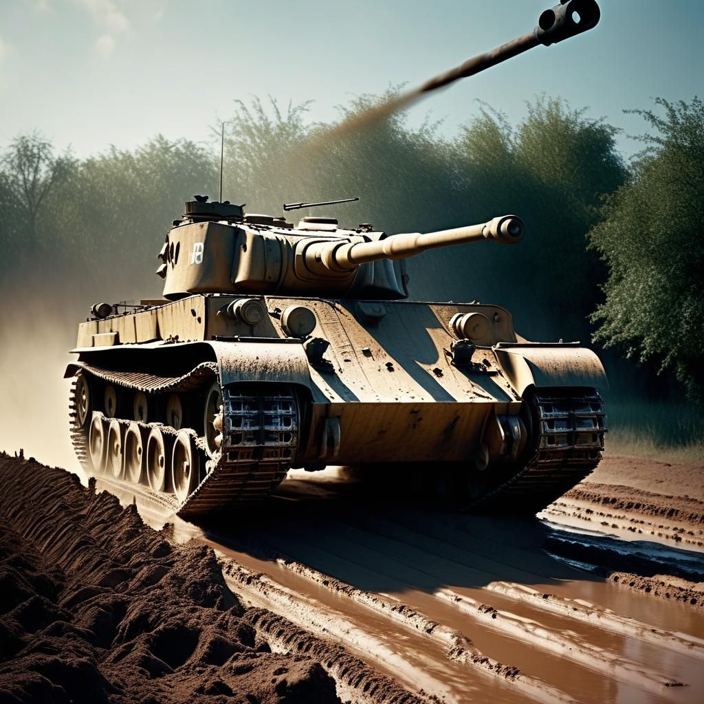 WW2 Tiger Tank in Muddy Terrain, Cinematic Film Still