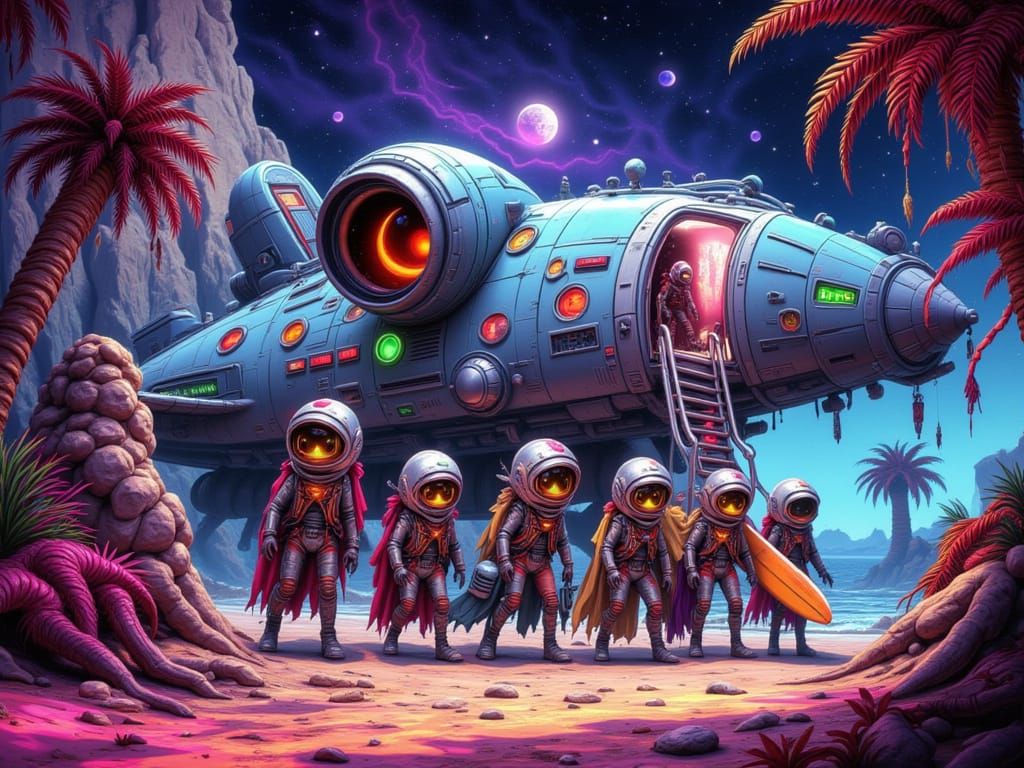 Intergalactic Crew on Alien Beach Vacation Splash Art