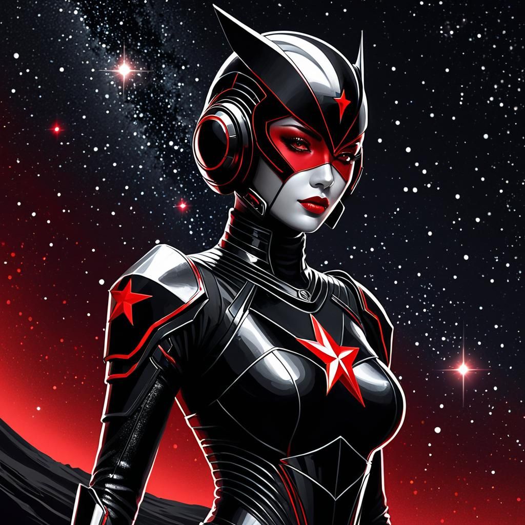 Woman in Futuristic Armor Floating Over Dark Planet