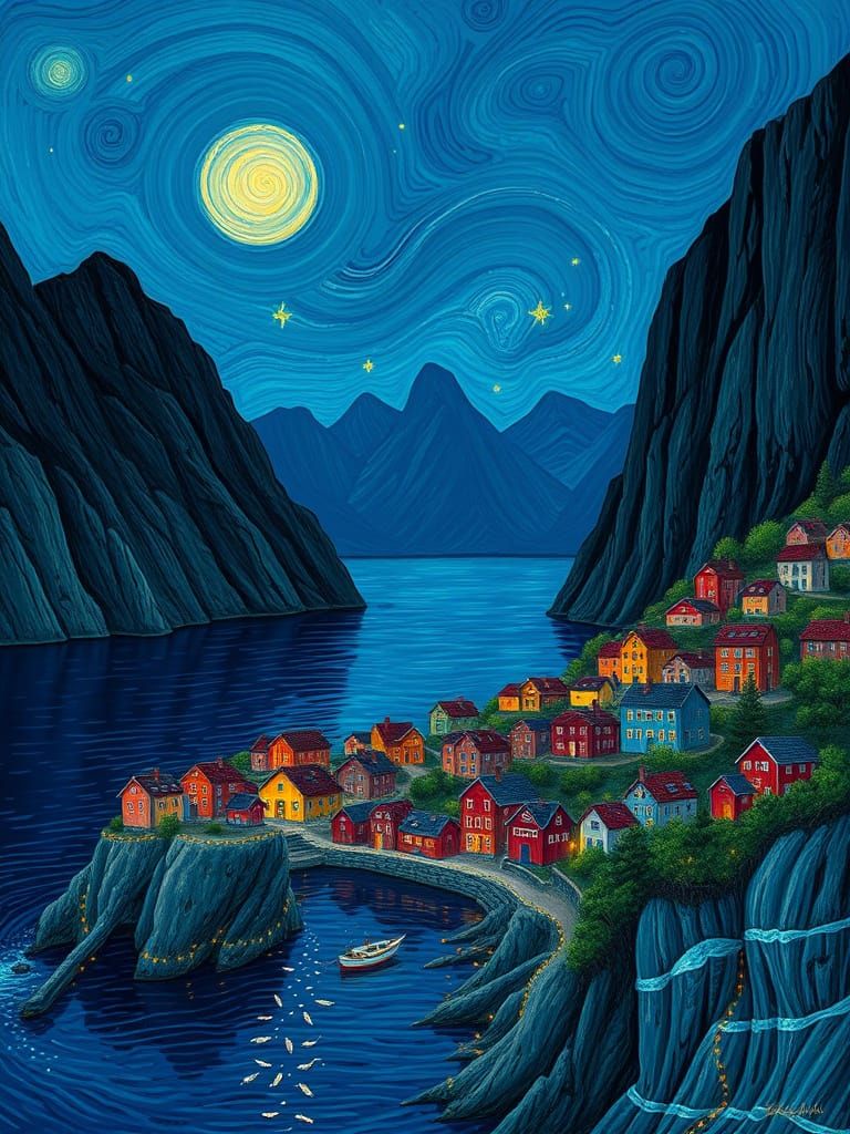 Quaint Summer Village in Starry Night Style