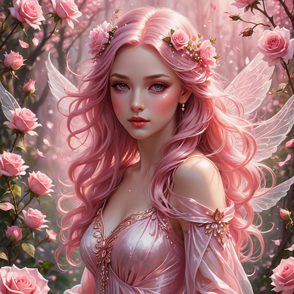 Ethereal Fairy Casting Pink Spell in Rose Garden