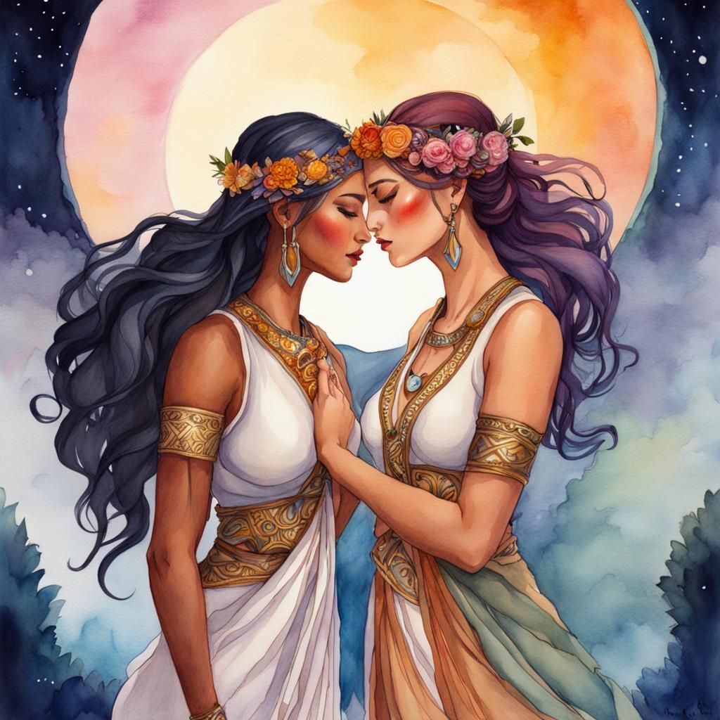 Lesbian Goddesses in Watercolor Style