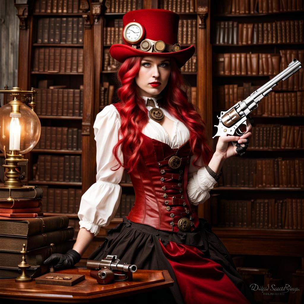 Steampunk Miss Scarlet in Library with Pistol