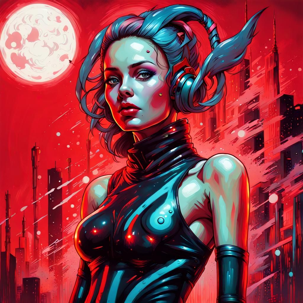 Cyberpunk Fairy Portrait on Red Moonlit Night