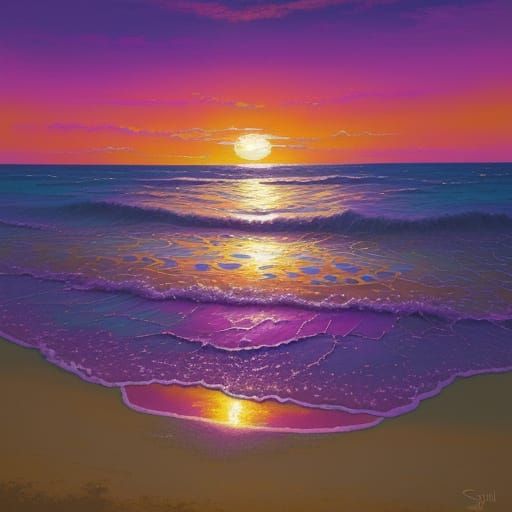Psychedelic Oil Painting of Sea Turtles at Sunset