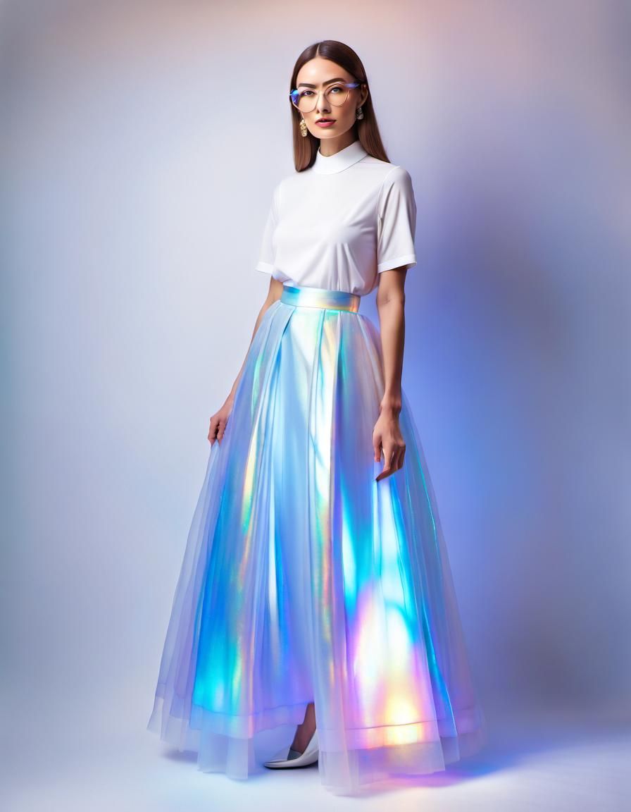 Nerdy Girl in Holographic Skirt with 1960s Hairstyle