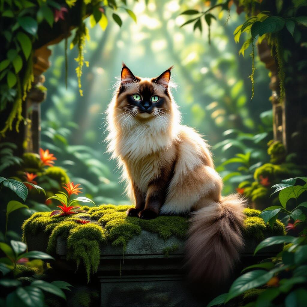 Golden Siamese Cat on Ancient Altar in Ethereal Jungle