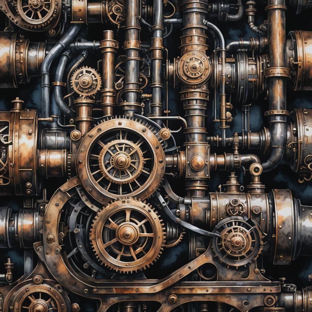 Steampunk Engine in Dark Moody Watercolor