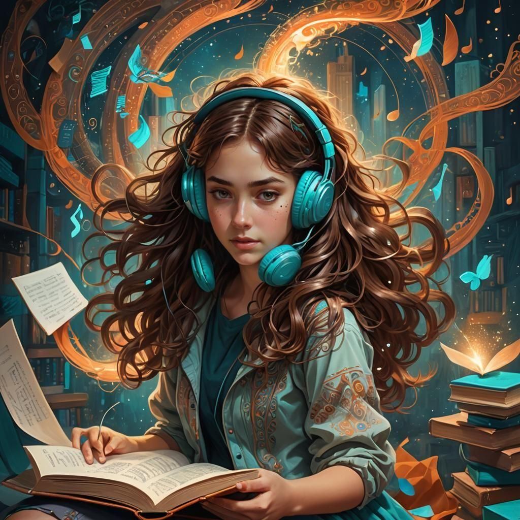Teenage Girl Listening to Music: Fantasy Concept Art