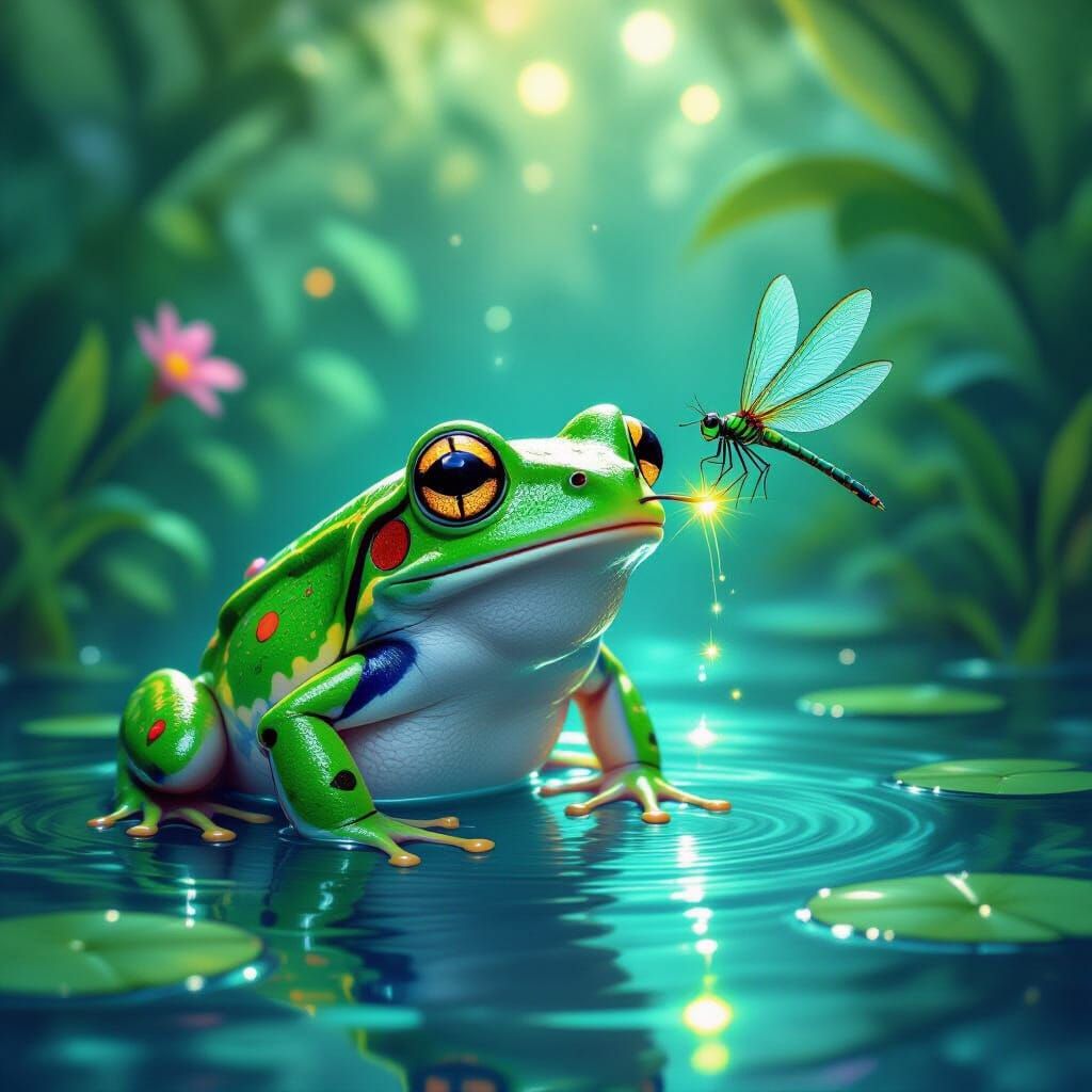 Bioluminescent Frog Captures Dragonfly in Alien Pond