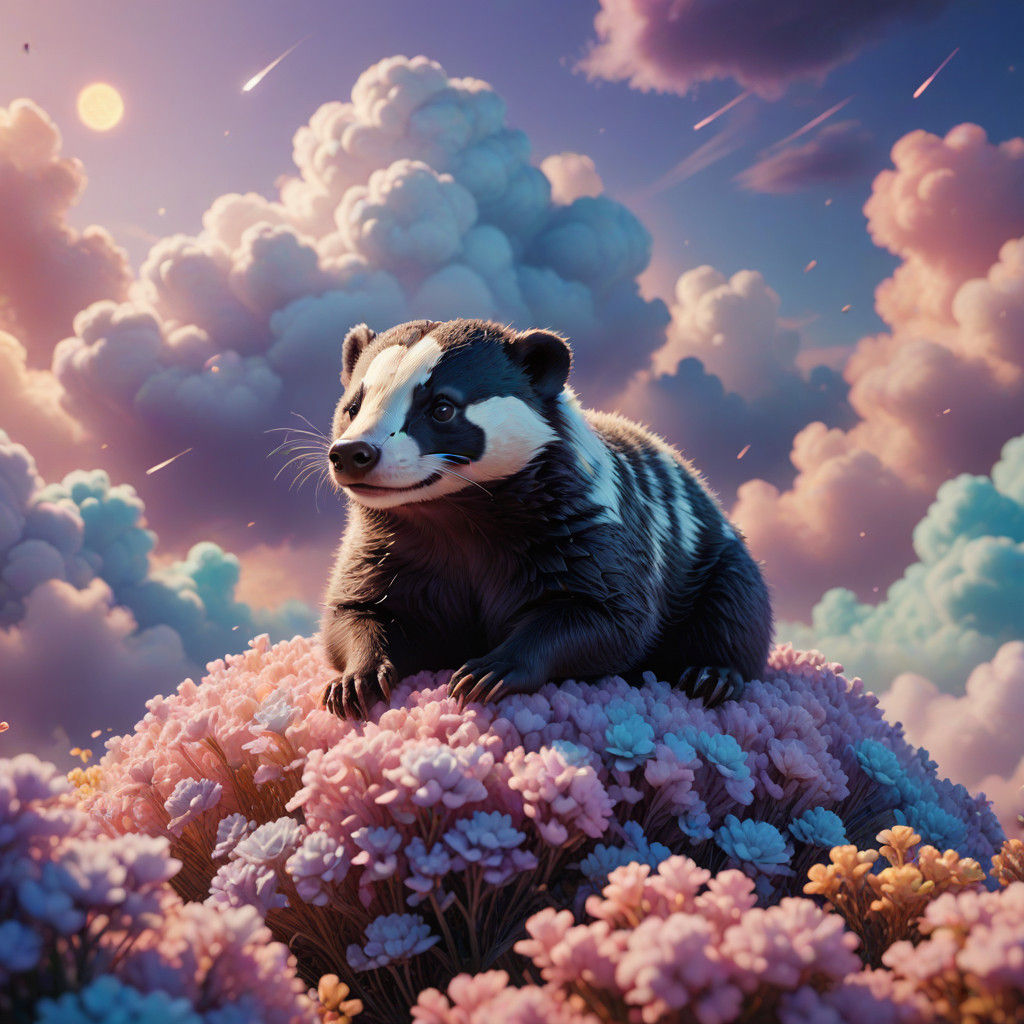 Whimsical Cloud Badger in a Dreamlike Landscape