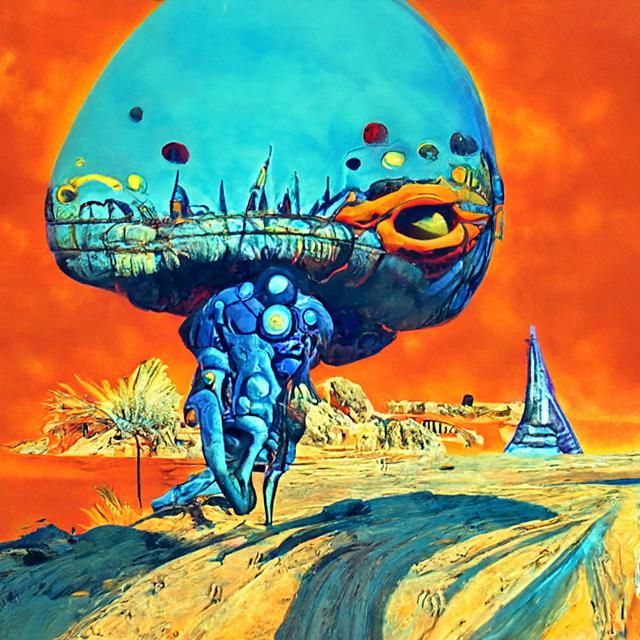 Giant Blue Brain Monster in Desert Landscape