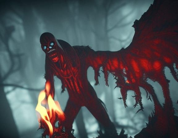 Infernal Demon Figure in Burning Landscape