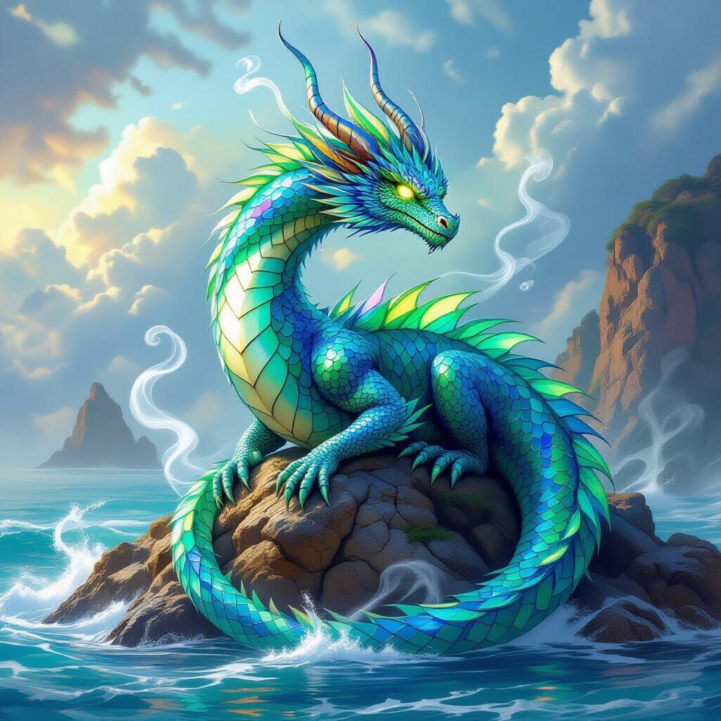 Sea Glass Dragon on Rocky Island