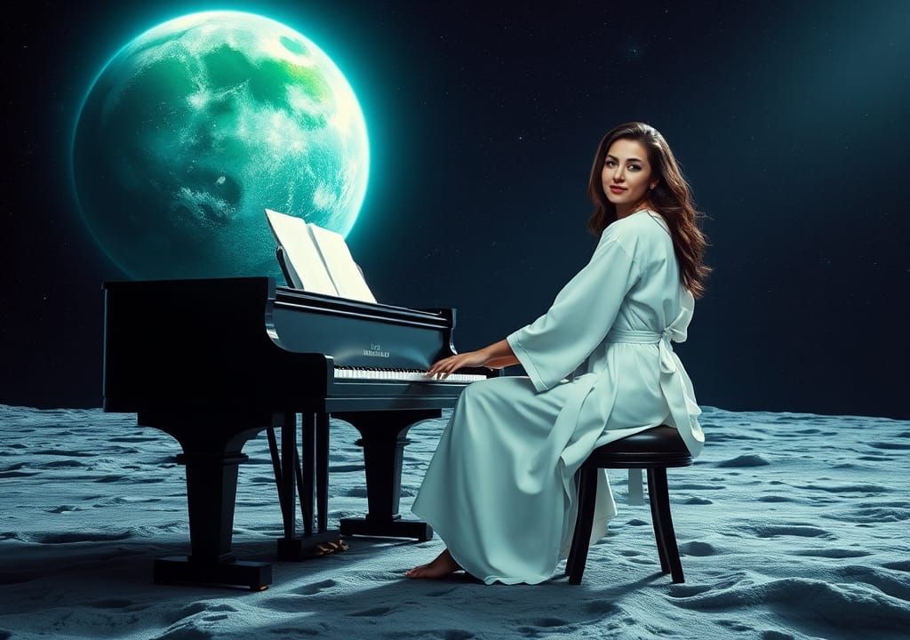 Woman Plays Piano on Moon, Earthrise Portrait