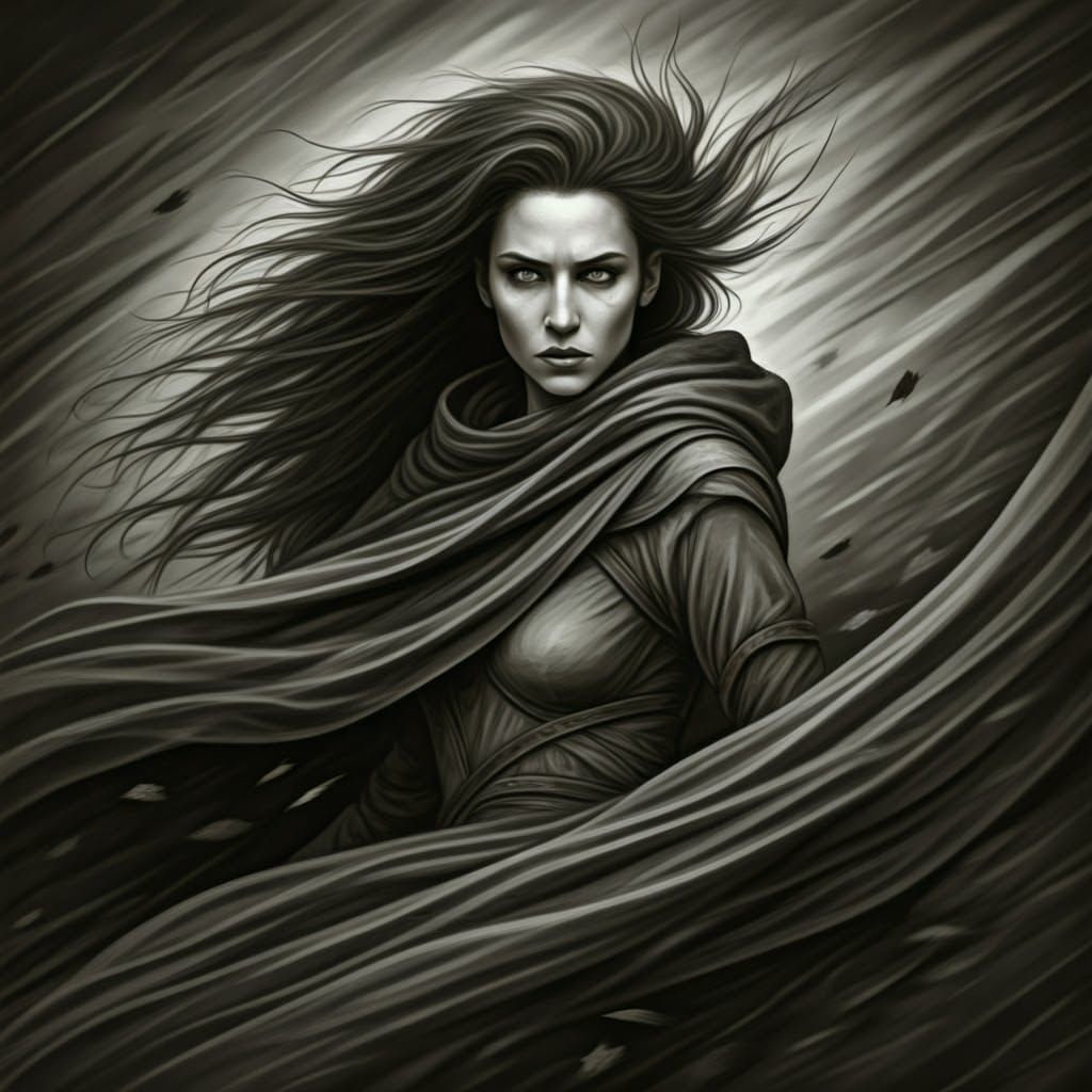 Fierce Wild Woman in Turbulent Charcoal Landscape