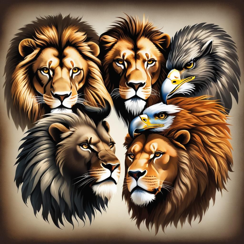Symbolic Faces: Lion, Ox, Man, and Eagle
