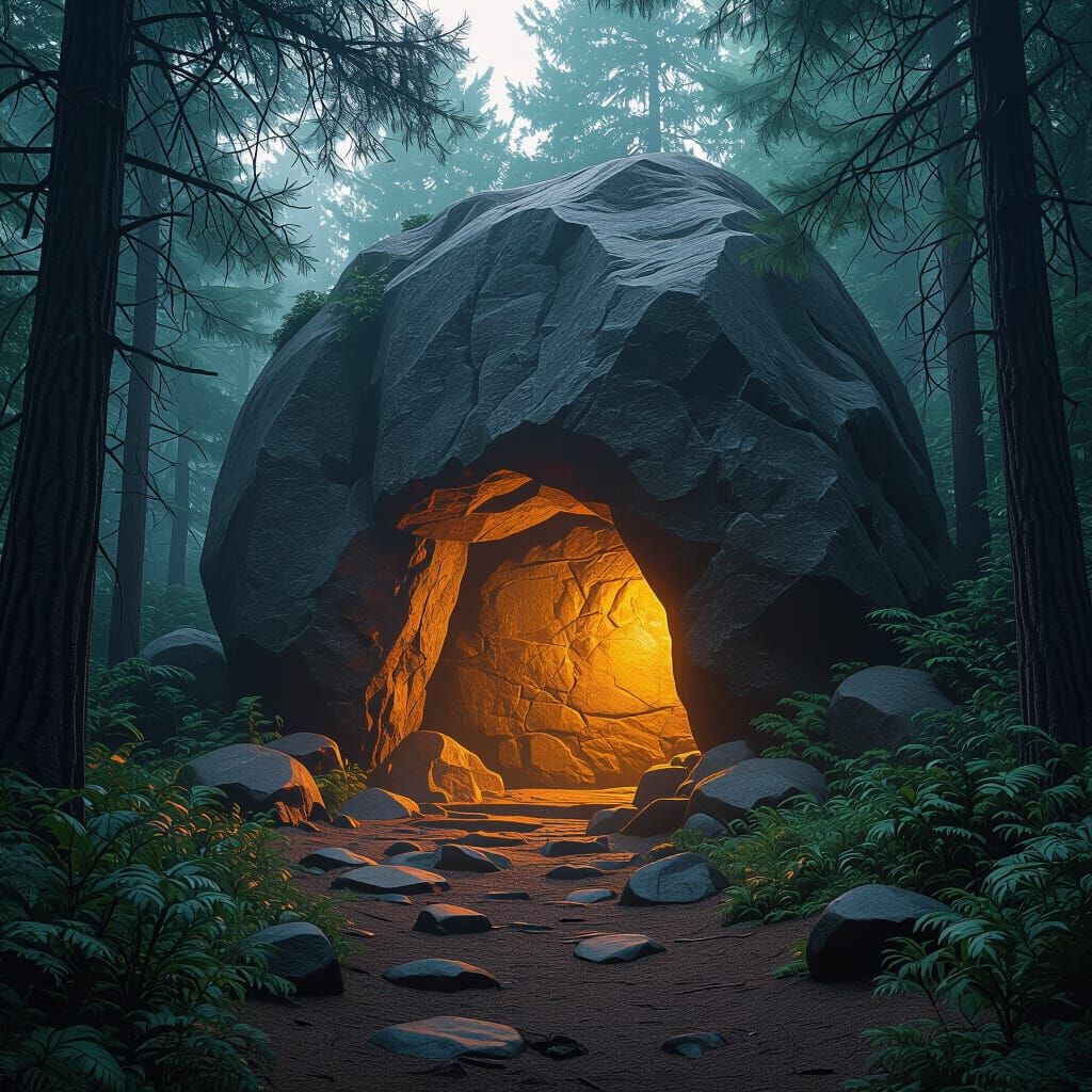 Mystical Cave Entrance in Dense Forest
