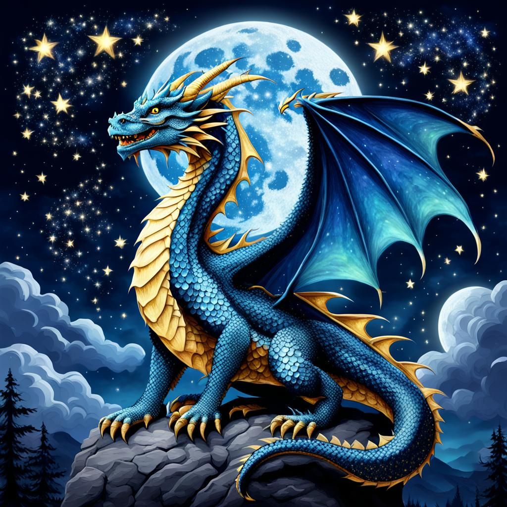 Moonlit Dragon Soaring Through Starry Night