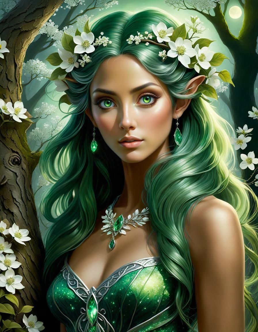 Enchanting Dryad in Forest with Dogwood Tree