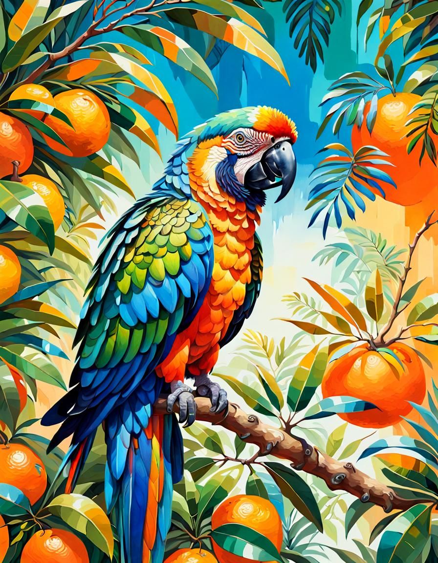 Colorful Parrot in Orange Tree: Surreal Gouache Art