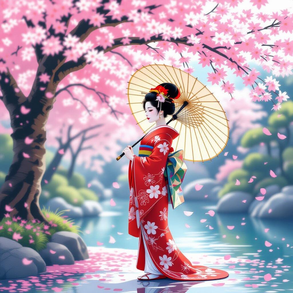 Geisha with Cherry Blossoms in Art Nouveau Style