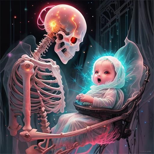 Luminescent Ghost with Skeleton Baby in Watercolor Style