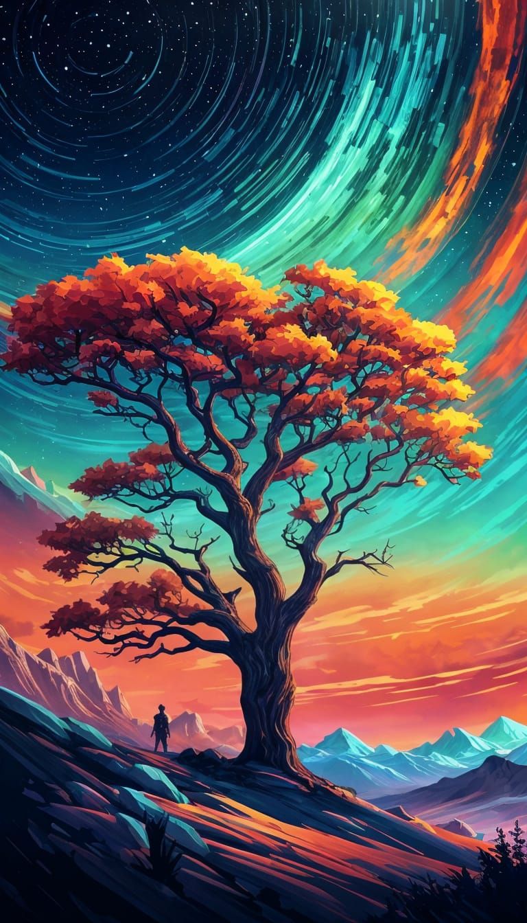 No Man's Sky Night Tree: Cel-Shaded Digital Art