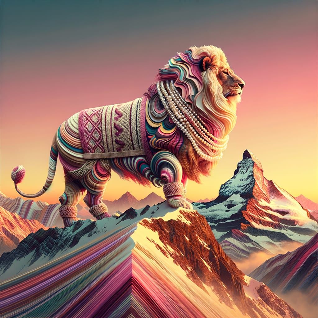 Glitchcore Lion King on Mountain Peak at Sunset