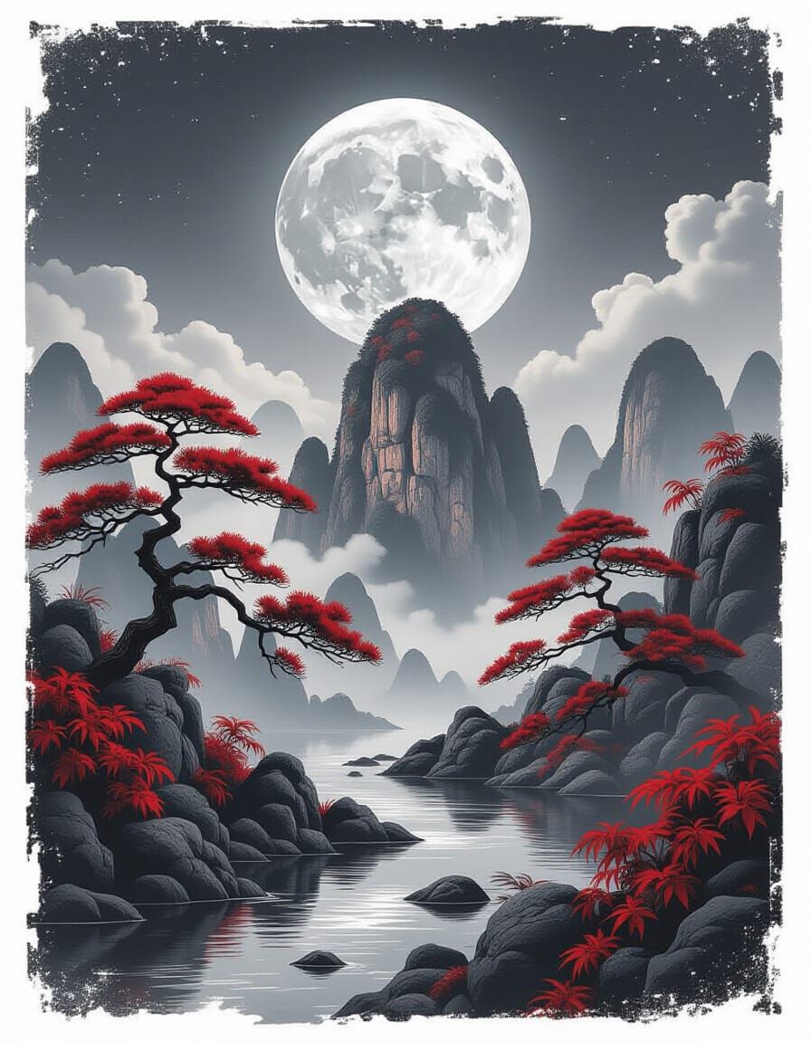 Breathtaking Asian Landscape Under Moonlight: 8K Photography